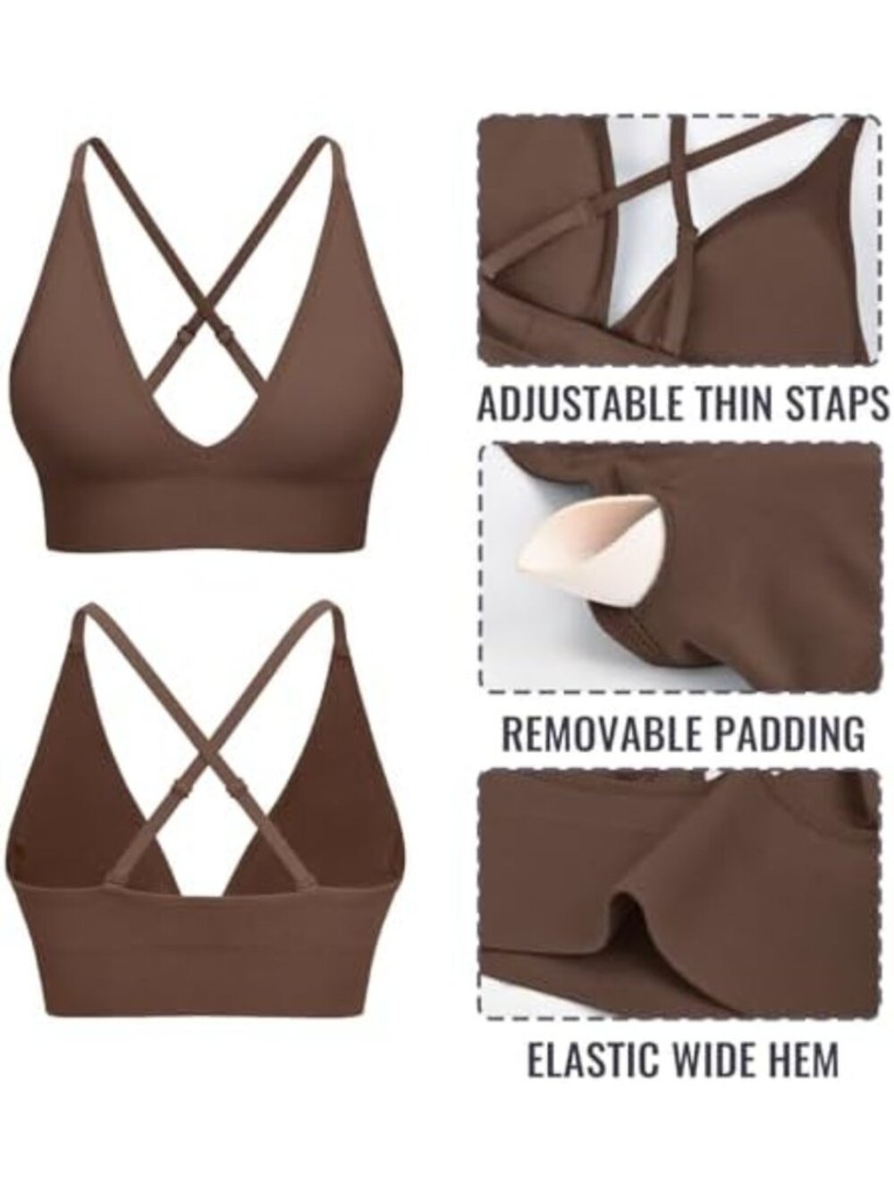 V Neck Adjustable Spaghetti Strap Sports Bra, Padded Criss Cross Longline Yoga - Picture 5 of 5